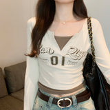 Color Splicing Fake Two Long-Sleeved T-Shirts Women's Autumn New V-Collar