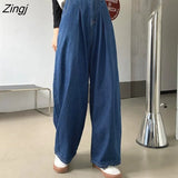 Women Chic High Waist Harajuku Teens Streetwear All-match Daily Loose Wide-leg Female Denim Trouser Retro Ins Autumn