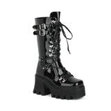 Autumn And Winter Women's Boots Black Patent Leather Boots Women's Belt Buckle Pine Cake Thick Bottom With Locomotive Boots Women's High