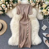 Summer New Knee Tight Elastic Knitted Dress Open Design Buckle Round Neck Dress Short