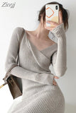 Korean Style Sexy Knitted Bodycon Dress Women Autumn Winter 2023 Streetwear Slim V-neck Long Sleeve Sweater Long
