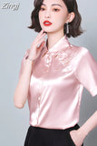 Women Shirt Embroidered Womens Tops Satin Short Sleeve Blouse 2023 Summer Fashion Female Clothing Casual Shirts for