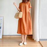 New Leisure Spring And Summer Loose Skirt Short Sleeve Round Neck Solid Cotton Linen