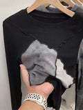 Zingj 2024 New, Tie-Dye Stitching Long-Sleeved T-Shirt Round Collar Slim Color Bright Line Design Short Top