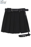 Punk Gothic Black Pleated Crop Skirts Women High Waist Belt Tide Grunge Goth Sexy Skirt Summer Y2K Fashion Egirl
