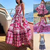 Women's New Printing Square Neck Tie Sling Skirt Folds Body Dress Dress