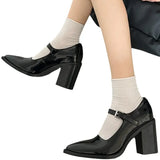Mary Jane High Heels Retro With Pointed Single Shoes Women's Autumn And Winter Black Coarse Leather