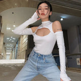 Skinny Cut Out Bodycon Black Sexy Bodysuit Women Fashion Solid Body Suit Cold Shoulder Party Bodysuits Tops One