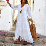 Spot 2025 Women's Summer And Autumn Bohemia Pure Color V-Neck Loose Long-Sleeved Cotton Linen