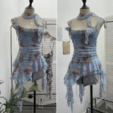 Shooting Retro Tie-Dye-Print Mesh Sling Sling Sling Vest Irregular Lotus Leaf Edge Ribbon Sleeveless Top