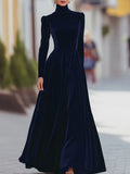 Women's Autumn And Winter Gold Velvet High Collar Bubble Sleeves To Close The Waist Big Dress Elegant Long