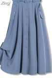 Women Summer Long 2023 Casual Solid High Waist With Belt Pocket Elegant Office Ladies A-Line Skirts Faldas