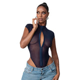Summer New Women's Sexy Round Neck Metal Buckle Triangle Shorts Mesh Yarn