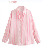 Zingj New Fashion Temperament Lapel Multi-Color Stripe Silk Satin Texture Long Sleeve Loose Shirt