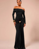 And Winter 2025 New Women's Fashion Temperament A Word Shoulder Solid Long-Sleeved Body Hip Dress Dress