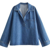 Women's Clothing INS Burst Fashion Loose Collar Long Sleeves Denim Blouse Trouser