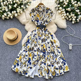 2025 New Clip Short Sleeves Lightly Knee Vintage Printed Dress Elegant Waist Grand