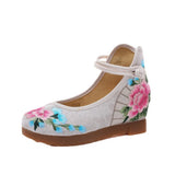 Zingj Shoes, Single Shoes, Peony Folding Fan Ancient Wind Embroidered Cloth Shoes, A Word Buckle Retro Slope Heel