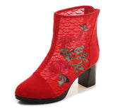 Zingj Boots Ankle Boots Embroidered Cloth Shoes Spring High Heels Velvet Canvas Thick Heel Plus Size Short Leg