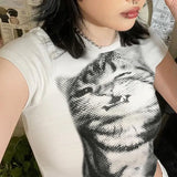Wind Personality Cat Pattern Print Foundation Shoulder Short Sleeve T-Shirt Hottie Slimming Short