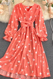 Women Red/Yellow/Green Printed Midi Dress Vintage V-Neck Flare Long Sleeve High Waist A-Line Vacation Bandage Vestido