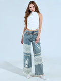 Style Hot Lace Spliced Straight Jeans Women's Summer Strap Design Prints Denim