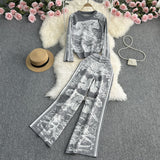 Zingj Suit Women's Round Collar Loose Jungle Animal Jacquard Long Sleeve Sweater Two-Piece High-Waisted Straight Leg Wide Leg