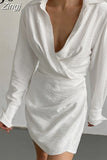 Fashion Asymmetrical Long Sleeve V Neck Black Dress Women Wrap Ruched Solid Shirt Dress Sexy Mini Ladies Elegant