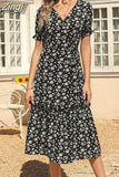 Print Women Summer Dress Chiffon Casual Elegant Split Short Sleeve V Neck Long Dress Boho Beach