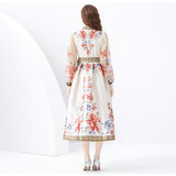 Style Retro Print Temperament Dress Female Long Sleeves With Thin Belt V-Neck Dress Long