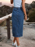 Side Slit Buttoned Denim Midi Skir- Outfit