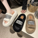 A Thick-Sleled Fur Slippers Female Letter One-Word Drag Fashion Cotton Slippers Women's Shoes Spring And Autumn High