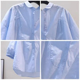 Fresh Art And Light Blue Cotton Shirt Women 7-Sleeve Casual Shirt 2025 Summer Temperament