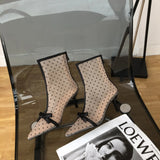 Korean-Style Sexy Pointed Mesh Polka Dot Breathable Hollow Bow Stiletto Ankle Boots for