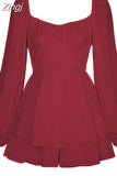 Women Boho Romper Long Sleeve Double Layer Ruffle Hem Chiffon Short Fairy Princess Mini Dress Jumpsuit