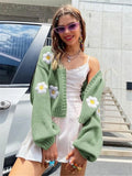 Women's Autumn New Sweet Flower Pattern Sweater Open Shirt Loose Short Knitted Women's