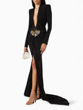Exploding Black Long-Sleeved Hollow V-Neck Cross Dress Metal Fishtail Elegant
