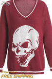 Skulls Blue Knitted Sweaters for Women Fashion Winter Tops Oversized Jumper V Neck Long Sleeve Pullovers Halloween
