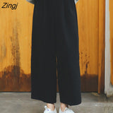 Women Wide Leg Black Elegant Solid High-waist Pleated Ankle-length Elastic Waist Womens Korean Style Casual Daily