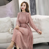 Elegant Stand Collar Floral Print Chiffon Dress Full Sleeve Fashion Women Dresses Spring A-line Long Pleated Dress 3603