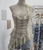 Lattice Splicing Lace Ribbon Ribbon Swing Tie Sling Sling Vest Irregular Lotus Leaf Side Hottie Top
