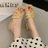 Gentle Wind Woven Slippers Women Wear 2025 Summer New Hollow Square Word High-Slip