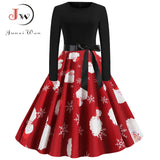 Women Christmas Dress Vintage Robe Swing Elegant Party Xmas Long Sleeve Casual Print Black New Year