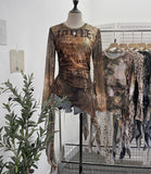 Real Shooting Babes Long Sleeves And Jersey Net Yarn Dye Printing Irregular Lotus Leaf Edge Ribbon Folding Top