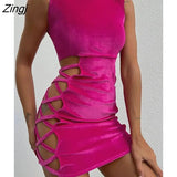 Suede Hollow Out Lace-up Tank Wrap Skirt Women Half Turtleneck Mini Dress Sleeveless Sexy Slim Bodycon Party