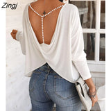 Autumn Spring Women Fashion Elegant Sexy Long Sleeve Ladies Open Back Top Solid Beaded Strap Backless Twisted