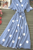 Polka Dot Midi Dress Summer 2023 Sexy V-neck Flare Sleeve Casual Vestidos Verano Elegant Blue/White Sashes Dresses