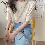 Women T-shirts Summer Knitted Slim Sweet All-match Candy Colors Fashion Korean Style Folds Simple Solid Comfort Leisure