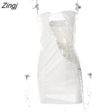 Sexy Strapless PU Leather Women Dress Brown Sleeveless Hollow Out Mini Dress Female Autumn Skinny Fashion Party