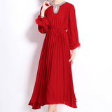 Heavy Industry Set Diamond Wool Sleeves High-Grade Pressure Folding Dress Women Loose Strap Belt Belt Elegant Long